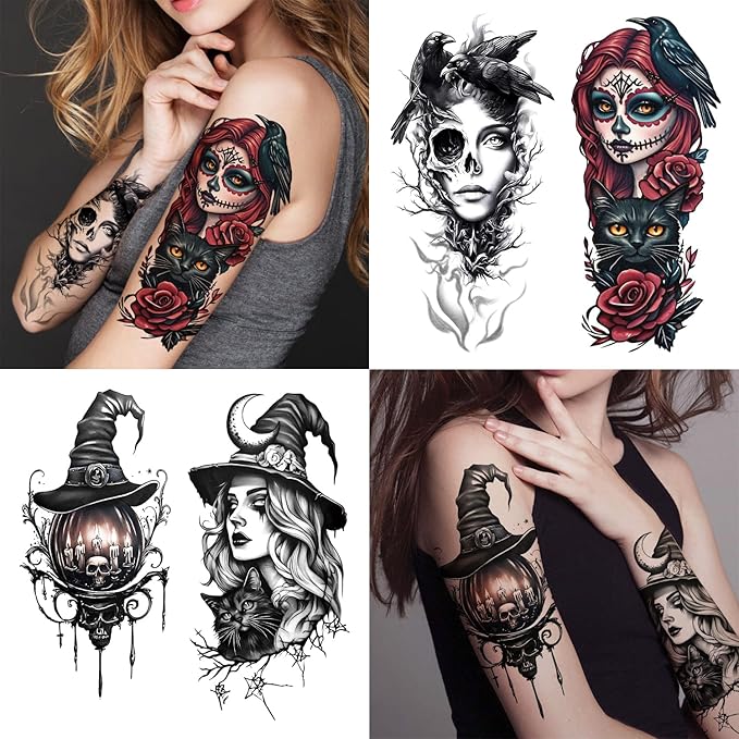 77 Sheets Halloween Temporary Tattoos, Witch Makeup Kit, Scary Witch Hat Cat Skull Bat Crow Black Moon Horro Half Arm Fake Tattoo Stickers for Adult Women Boy Girl