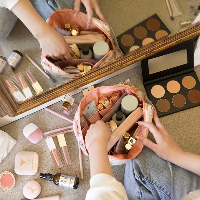 Tiny Twinkle Travel Waterproof Makeup Bag | Travel-Friendly Toiletry Cosmetic Case Organizer with Convenient Carry Handle | Spacious Interior Pouches and Secure Zipper Closure (Flutter)