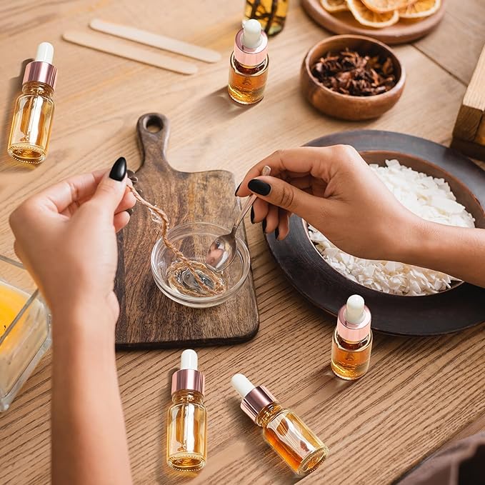 100 Pcs Mini Glass Oil Dropper Bottle Bulk, Clear Essential Small Empty Bottles Sample Containers Perfume Liquid Vials with Cap for Traveling (10 ml,Rose Gold)