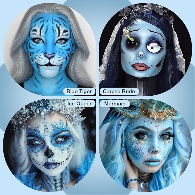 White Black & Light Blue Face Body Paint for Halloween Sally & Corpse Bride Makeup, Non-Toxic Face Painting Kit with Brushes for Kids Adults Smurf Avatar Mermaid & Demon Costume Cosplay SFX Make Up