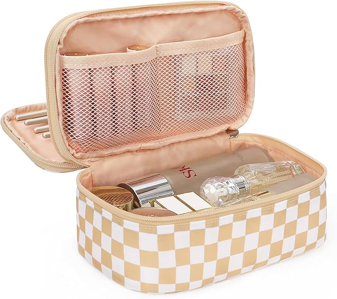 Relavel Travel Makeup Bag with Brush Holder, Dual-Layer Small Cosmetic Organizer, Portable Toiletry Bag for Accessories Storage, Cute Make Up Bag for Gift, Trip, Camp, Daily Use - Plaid