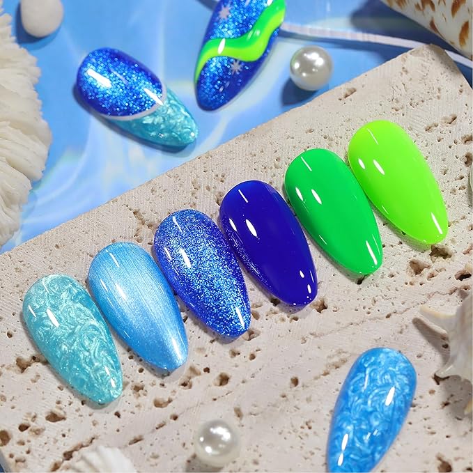 BORN PRETTY Blue Gel Nail Polish 6 Colors Shimmer Swirl Pacific Blue Glitter Blue Green Gel Polish Swirl Shell Thread Effect Soak Off Nail Art Design Salon Home Manicure Gift