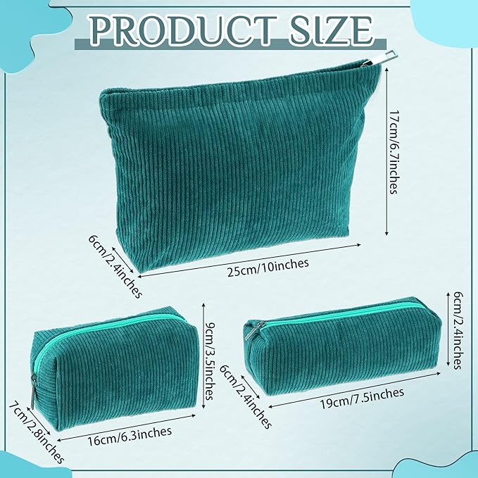 3 Pcs Makeup Bag Set for Women Corduroy Cosmetic Pouch Aesthetic Smile Travel Toiletry Bag Cute Purse Pouch Pencil Case Makeup Brushes Storage Organizer for Christmas(Dark Green,Solid Style)