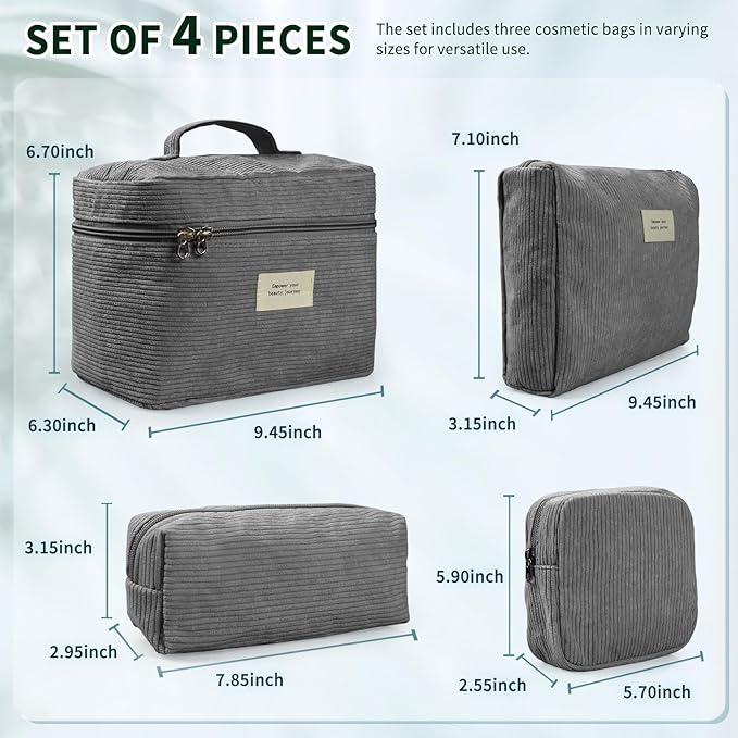4 Pcs Makeup Bag for Women Corduroy Cosmetic Bag Aesthetic Cute Bags Multi Size Purse Pouch Travel Toiletry Bag Set Makeup Organizer with Zipper (08-Gray)