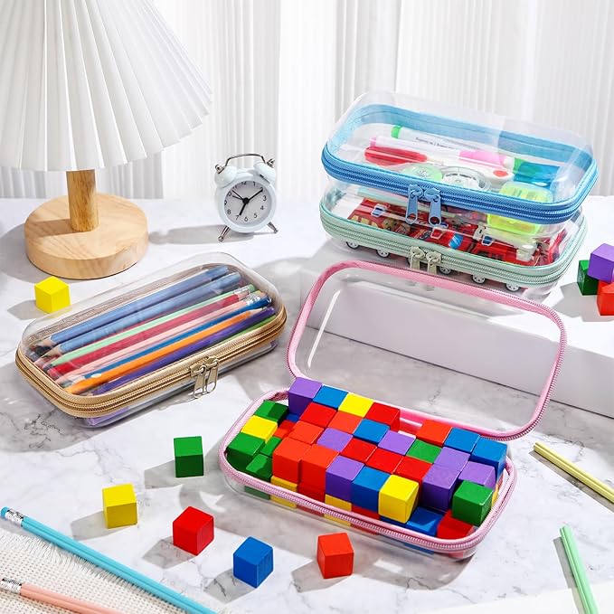 Hoolerry 4 Pcs Hard Clear Zipper Case Makeup Bags Plastic Pencil Pouch Transparent Storage Box Containers for Cosmetics, Snacks, Building Blocks, Puzzles(Soft Colors,7.5 x 3.9 x 2 in)