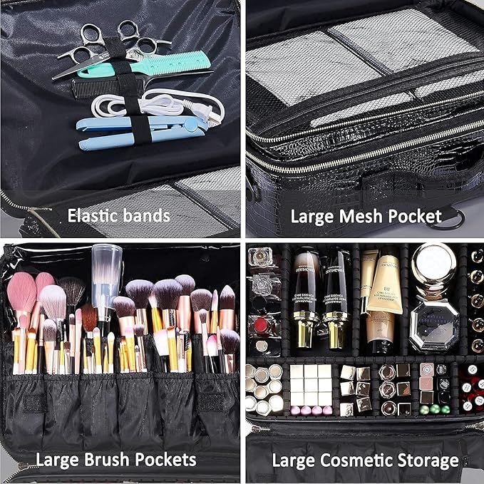 JOURMON Travel Makeup Case Portable Makeup Train Case Organizer Cosmetic Bag with Adjustable Dividers and Shoulder Strap for Makeup Brushes Toiletry Travel Accessories(Crocodile Pattern Black, L)