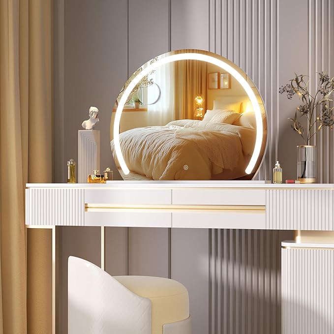 Hasipu Vanity Mirror with Lights, 22.8" x 18.1" LED Makeup Mirror, Lighted Makeup Mirror with Lights, Smart Touch Control 3 Colors Dimmable Mirror 360°Rotation USB Port White