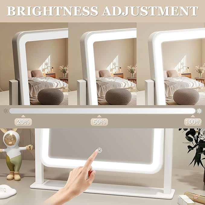 Vanity Mirror with Lights, 14"×12" LED Makeup Mirror, Lighted Makeup Mirror with Lights, Smart Touch Control 3 Colors Dimmable, Lighted Up Mirror for Makeup Desk, Bedroom, 360° Rotation