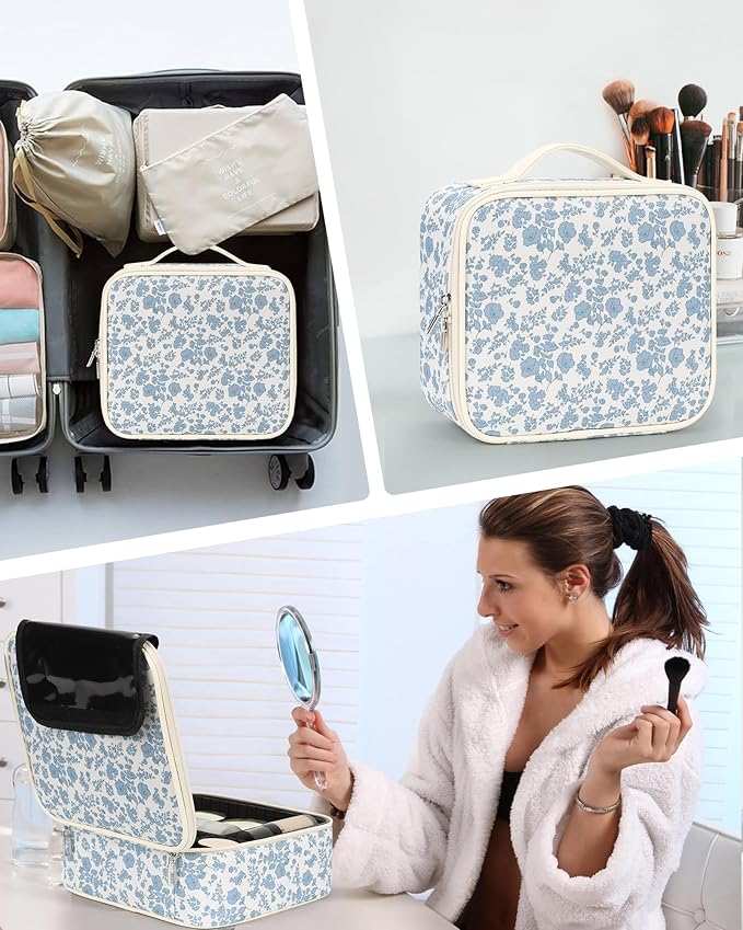 Relavel Travel Makeup Case, Professional Makeup Artist Makeup Bag, Portable Makeup Train Case Organizer with Adjustable Dividers, Cute Cosmetic Bags Birthday Gifts for Girls and Women, Floral Print