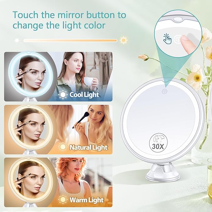 Lighted Makeup Mirror with 30X Magnification, 30X Magnifying Mirror Suction Cup with Light, 3 Color Modes and Adjustable Brightness, 360°Swivel Magnifying Mirrors with Light for Vanity 1500mAh