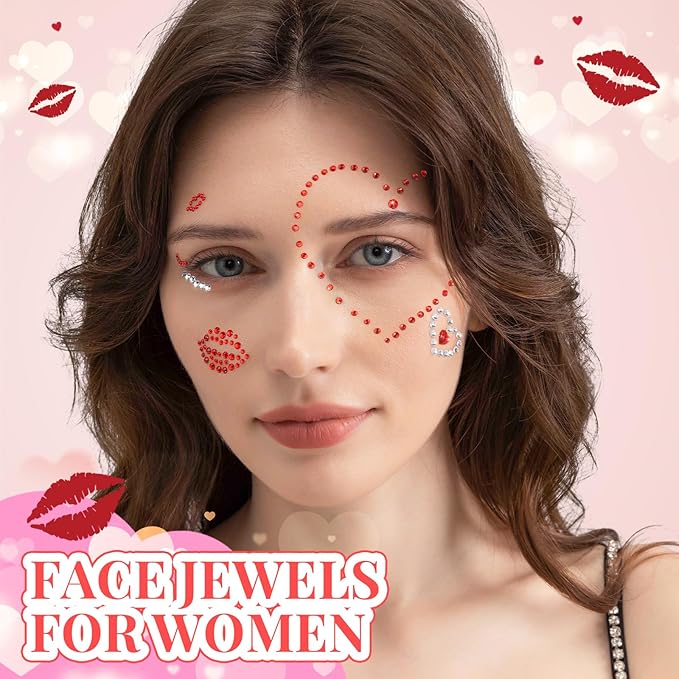 YGDZ Face Gems Self-Adhesive Face Jewels Stickers, Red Lip Hair Gems, Festival Kiss Jewels, Face Rhinestone Stickers for Makeup, Eye, Hair, Body, Rave Accessories, Stick on Gems for Kids, Women