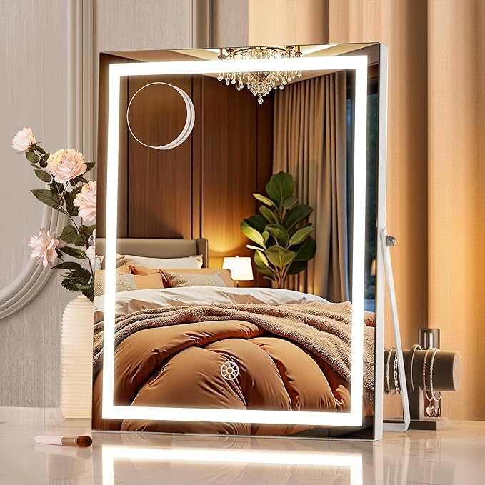 MINISO Vanity Mirror with Lights, 10.6" x 14" LED Makeup Mirror, Light & Brightness Adjustment, Smart Sensor, 360°Rotation, Aluminum Alloy Metal White Frame, with 5X Magnifying Glass