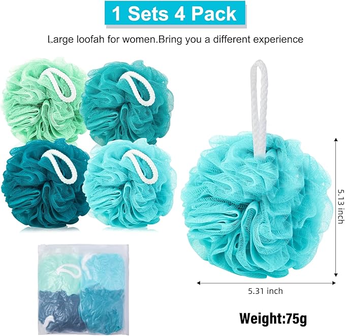 Loofah for Women 75g 4 Pack, Bath Sponge Soft Mesh Shower Puff Loofah Sponge, Exfoliating Body Scrubber, lufas for Women, Shower Accessories (Blue)