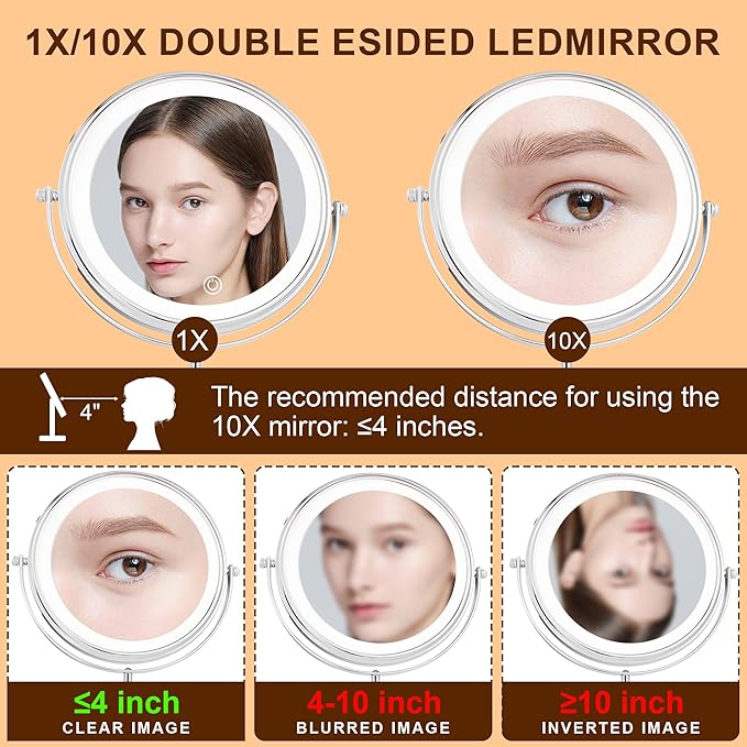 JANEEVA 10X Lighted Makeup Mirror with 3 Lighting Modes, 8" Dimmable Lights Height Adjustable Vanity Mirror with Lights, Rechargeable Double Sided 1X 10X Magnifying Mirror, 360°Rotation,Chrome