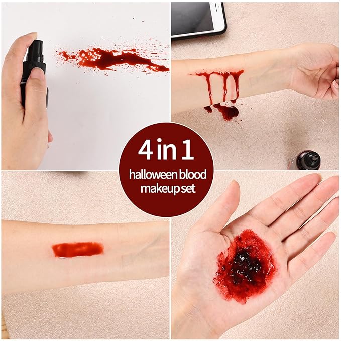 6PCS Halloween Fake Blood Makeup Kit，Washable for Scar Wound and Clothes Realistic Face Paint Wounds Costume Blood For Vampire, Zombie, Clown Cosplay Red，Stipple Sponge ， Cleansing Soap and Gauze