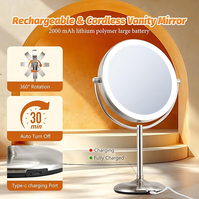 Lighted Makeup Mirror with Magnification: 1X/10X Magnifying Vanity Mirror with 3 Color Dimmable Light, 9" Large Rechargeable Standing Desk Mirror, Base Touch & Base Charging Port, Touch Sensor, Nickel
