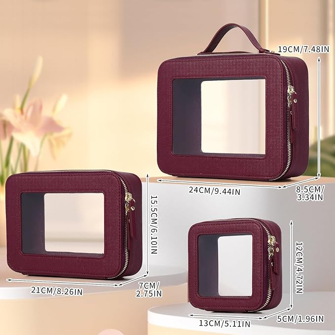 Pinkmik Clear Makeup Bag Waterproof Travel Case for Cosmetics and Toiletries Women's Purse Organizer and Clear Car Bag with Zipper (X/Burgundy, L+M+MINI)