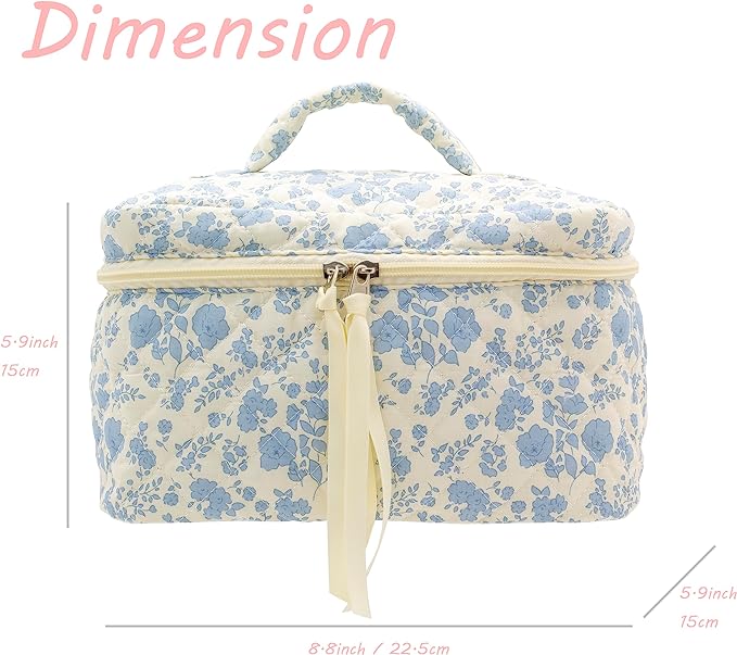 PAZIMIIK Cotton Makeup Bag for Women Large Quilted Travel Cosmetic Case Girls' Make Up Organizer,Little Flower Blue