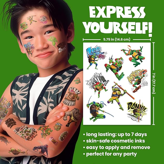 Teenage Mutant Ninja Turtles Temporary Tattoos for Kids (50 pack). Made in the USA w Certified Safe Ink. Kids Birthday Party Supplies & Party Favors. Temporary Tattoos Stickers Set for Girls and Boys