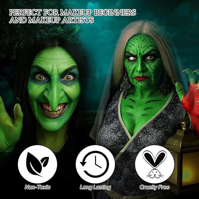 Black White Green Face Body Paint, Halloween Wicked Witch Green Makeup Kit (3 Sponges + 5 Brushes), 9 Pcs Oil Based Non Toxic green Face Painting Kit for Hulk, SFX, Hunting, Zombie, Costume, Cosplay
