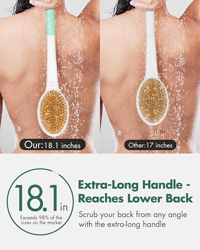Back Scrubber Body Shower Brush: Anti Slip Long Handle Bath Brush with Stiff and Soft Bristles - Showering Exfoliator Wet or Dry Brushing for Women, Men, Elderly (Mint Green)