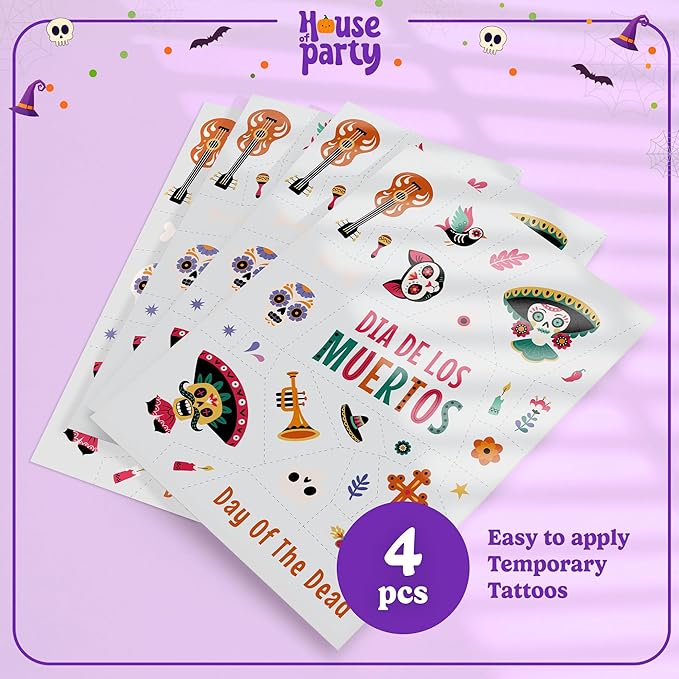 HOUSE OF PARTY Halloween Temporary Tattoos for Kids - Pack of 116 - Day of the Dead Tattoos - Non-Toxic Waterproof Stickers for Boys and Girls - Ideal for Halloween Party Supplies and Decorations!