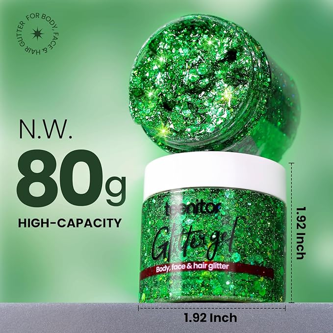 Teenitor Green Body Glitter, Face Glitters, Green Glitter, Body Glitter Gel, Hair Glitter Gel, 80g/2.8oz Holographic Glitter for Face Body Hair, Glitter Makeup for Kids