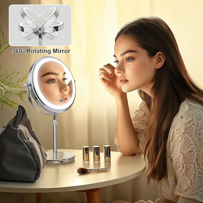JANEEVA 10X Lighted Makeup Mirror with 3 Lighting Modes, 8" Dimmable Lights Height Adjustable Vanity Mirror with Lights, Rechargeable Double Sided 1X 10X Magnifying Mirror, 360°Rotation,Chrome