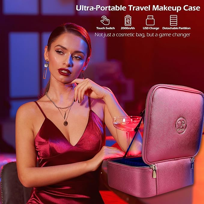 MOMIRA Travel Makeup Bag Cosmetic Bag Makeup Organizer Bag with Lighted Mirror, Adjustable Brightness in 3 Color Scenarios, Waterproof Makeup Train Case, Gift for Women - Brilliant Rose