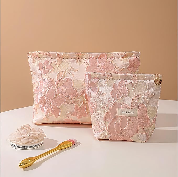 2 Pcs Makeup Bags, Large Cosmetic Bag Travel Toiletry Bag Organizer for Women, Embroidery Craft, Floral Makeup Bag Small Cosmetic Pouch Purse with Zipper Gifts for Girls Teen