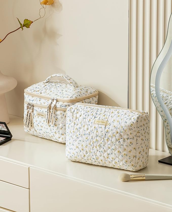 HBselect 2Pcs Travel Makeup Bag, Large Cotton Quilted Makeup Bag Cosmetic Bag Cute Make up Bag Toiletry Bags for Women Girls