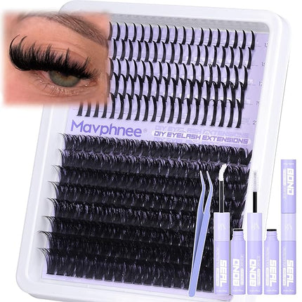 Lash Clusters Kit 100D Eyelash Clusters 12-21MM Long Spiky Cluster Eyelash Extensions Kit Mega Volume Individual Lash Extensions DIY Lash Spikes with Lash Bond and Seal and Tweezers by Mavphnee