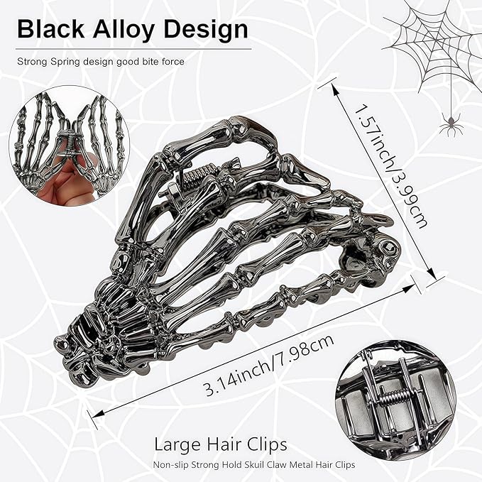 Black Skeleton Hand Hair Claw Clips-Metal Black Alloy Nonslip Terror Ghost Hand Strong Hold Hair Jaw Clips Punk Gothic Catch Thick or Thin Hairs Hair Accessories-Hand