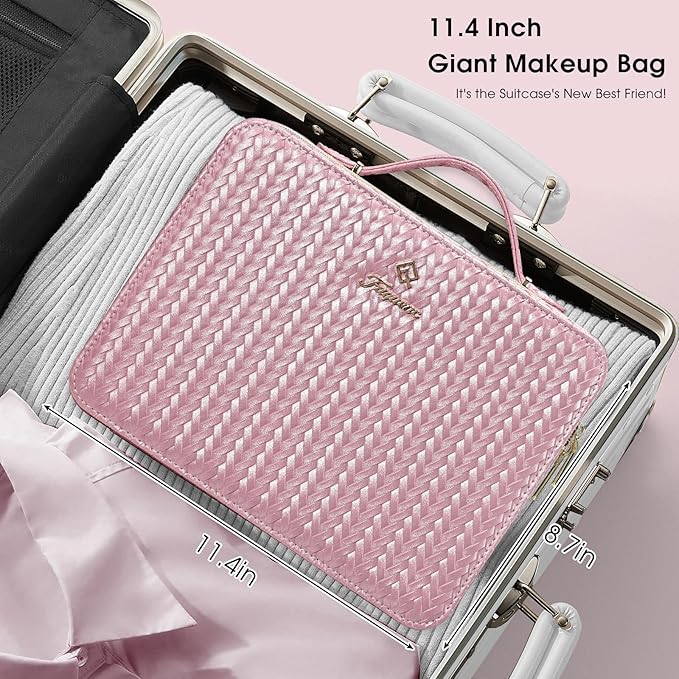Leather Makeup Case with LED Lighted Mirror 11.4 Inch Travel Makeup Bag Adjustable Brightness in 3 Colors Cosmetic Organizer Artist Storage Bag with Dividers Brush Holder Bag Vanity Shiny Pink
