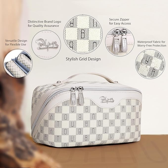 BOYATU Travel Makeup Bag Cosmetic Bags for Women: 3 Pcs Set Portable Make up Bag with Handle - Vegan Leather Toiletry Bags with Compartments - Makeup Organizer for Travel Essentials(02-Beige)