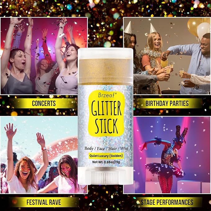 Brzeaf Waterproof Golden Glitter Stick, Halloween Glitter Makeup, Shimmery & Long Lasting, Chunky Glitter for Face/Body/Hair/Eyes/Lip, Singer Concert Music Halloween Christmas Rave Festival