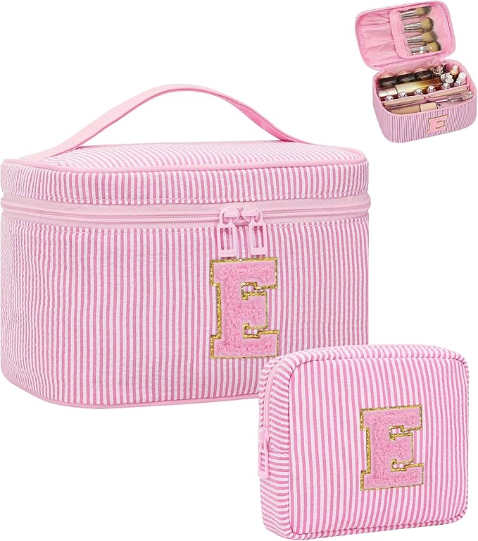 MONSTINA Personalized Initial Makeup Bag with Brush Holder for Women,Monogram Make Up Case for Girlfriend Bridesmaid Wife,Birthday Gift for Her Cute Toiletry Bag,2PCS,Pink E
