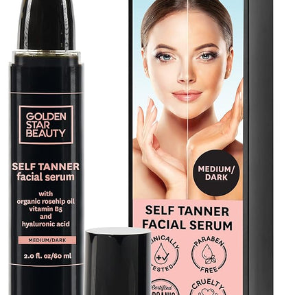 Face Tanner – Self Tan Serum w/Hyaluronic Acid and Organic Oils, Self Tanners Best Sellers, Facial Sunless Tanner for Natural Sunkissed Glow, Fake Tan Moisturizer, 2.0 fl (Medium/Dark)