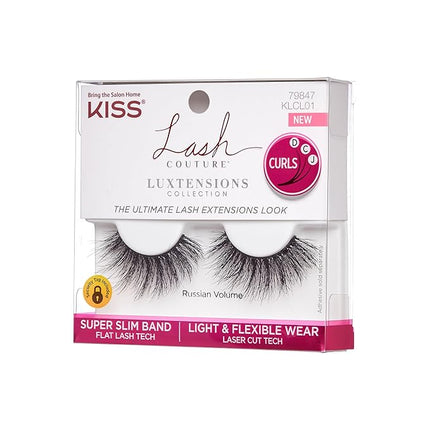 KISS Lash Couture LuXtensions Collection False Eyelashes, Flat Lash Technology, Super Slim Lash Band, Real Lash Extension Fibers, Reusable, Style ‘Russian Volume', 16mm, 1 Pair Strip Lashes