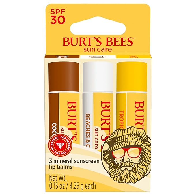 Burt’s Bees SPF 30 Lip Balm, Island Getaway - Coco Loco, Beaches & Cream, Tropic Like It's Hot, Water-Resistant Sun Care, Natural Origin Lip Treatment, 3 Tubes, 0.15 oz