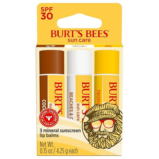 Burt’s Bees SPF 30 Lip Balm, Island Getaway - Coco Loco, Beaches & Cream, Tropic Like It's Hot, Water-Resistant Sun Care, Natural Origin Lip Treatment, 3 Tubes, 0.15 oz