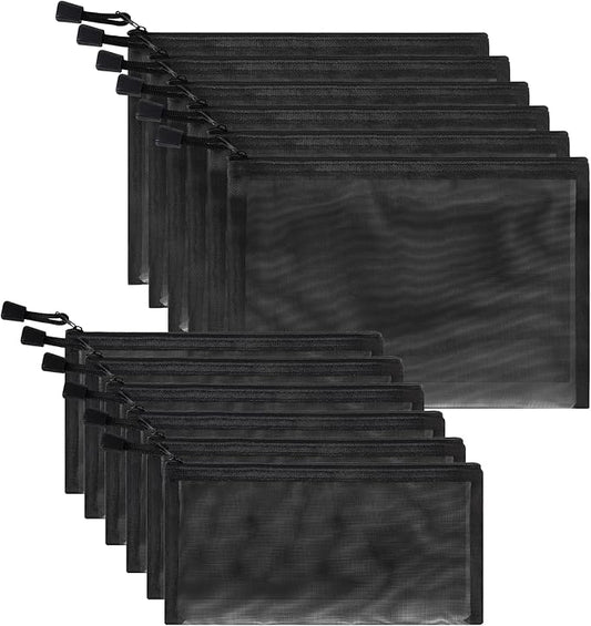 12 Pieces Zipper Nylon Mesh Pouch, Mesh Cosmetic Bags Makeup Bags Pencil Case, Multipurpose Travel Bags for Cosmetic School Office Supplies and Travel Accessories (Black, A5+B6)