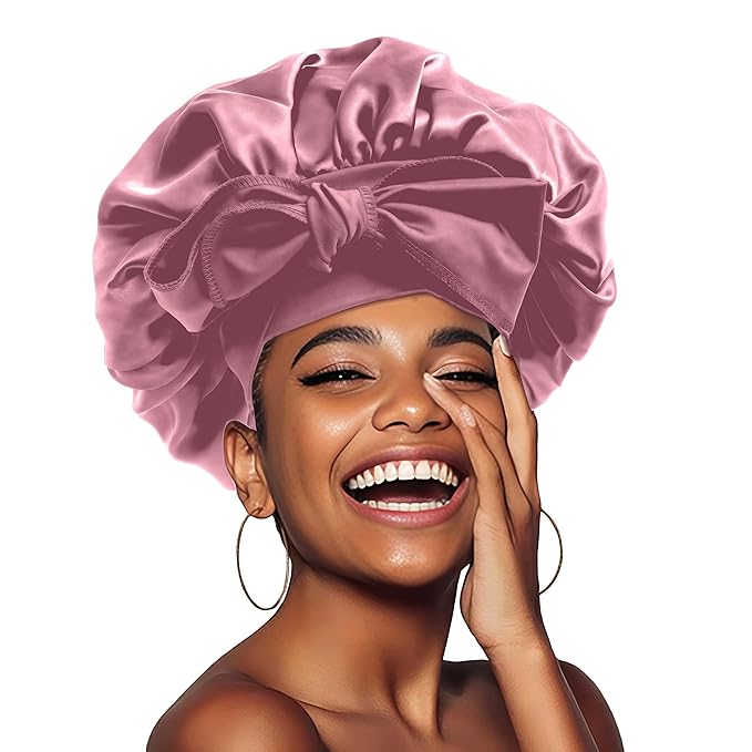 Silk Bonnet for Sleeping Women, Ajustable Hair Bonnet for Curly Hair with Tie Band Shower Caps Crimson，Large