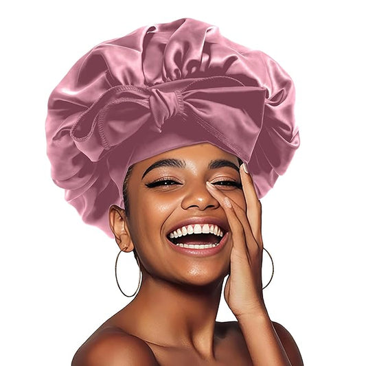 Silk Bonnet for Sleeping Women, Ajustable Hair Bonnet for Curly Hair with Tie Band Shower Caps Crimson，Large