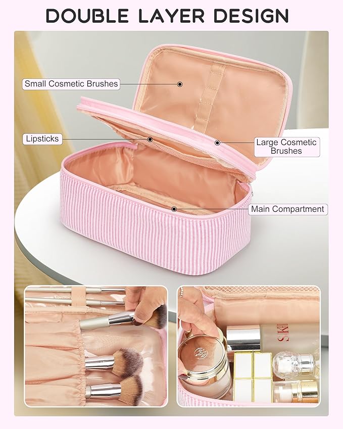 Relavel Cute Makeup Bag for Girls, Portable Pink Cosmetic Bag, Dual-layer Makeup Pouch with Brush Holder, Multi-Functional Preppy Toiletry Organizer for Travel, Daily Use - Pink Strip