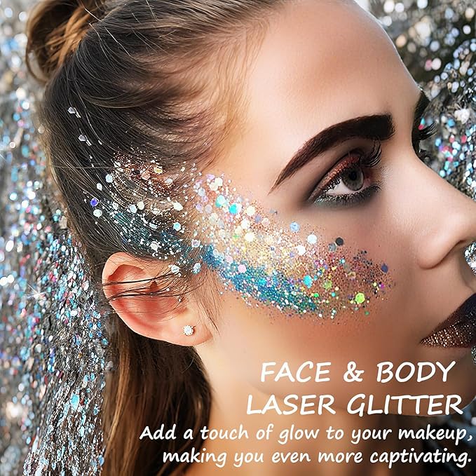 Face Body Glitter Paint Set for Women and Kids, White Pink Blue Holographic Mermaid Sequins Chunky Glitter Makeup for Music Festival Rave Accessories, Easter, Wedding, Valentine, Prom