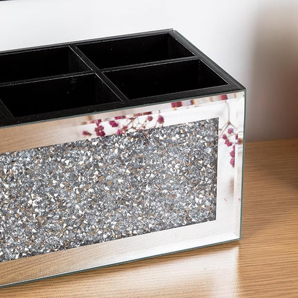 SHYFOY Makeup Brush Holder Organizer with Crushed Diamond 6 Slot Mirrored Make up Cosmetics Organizers and Storage for Vanity Countertop