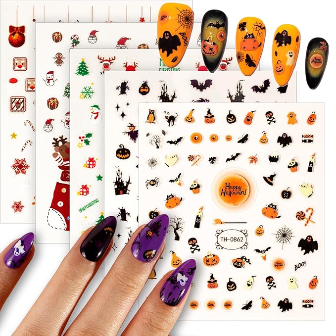 Melodysusie 5PCS Christmas Nail Art Stickers for Semi Cured Gel Nail Strips with3D Self-Adhesive Nail Decals Designs Nail Decorations DIY Manicure Supplies for Women Girls&Kids