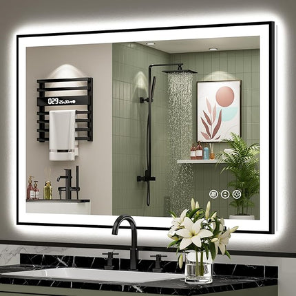44x32 Black Framed LED Bathroom Mirror with Lights, Backlit & Front Lit, Anti-Fog Lighted Vanity Mirror for Bathroom Wall, 3 Colors, Dimmable, Memory, HD Tempered Glass, Horizontal/Vertical