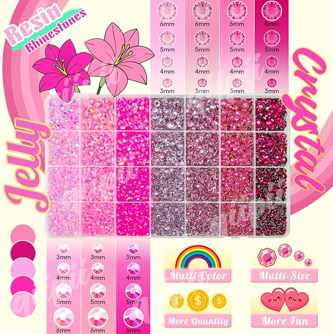 28 Types Pink Jelly Resin Rhinestones w B7000 Jewelry Glue for Bedazzling Crafting 3-6mm Flatback Colorful Stones Gems Diamonds for Face Eyes Makeup DIY Crafts Tumblers Bottles Clothes Shoes